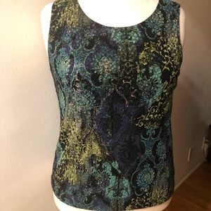White Stag Olive Green Blue Purple Designs on Black Sleeveless